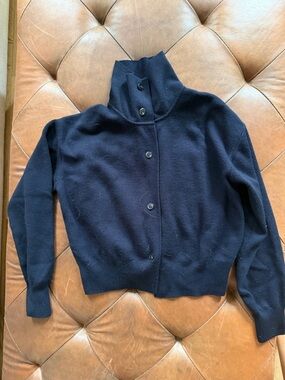 Cos Women's Navy Button-Front Funnel Neck Sweater